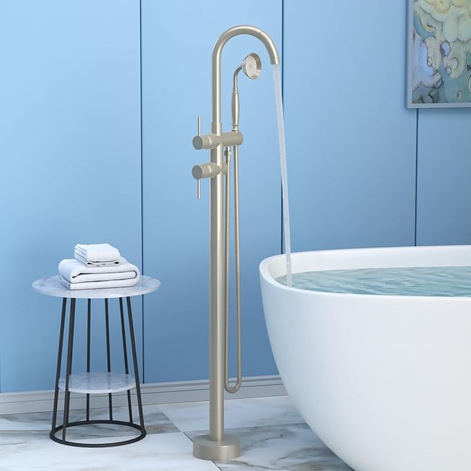 Freestanding Bathtub Faucet,Tub Filler Floor Mount Stand Bathtub Faucet Brass Bathroom Tub Faucets with 2 Function Telephone-Shape Handheld Shower Wand Swivel Brushed Nickel