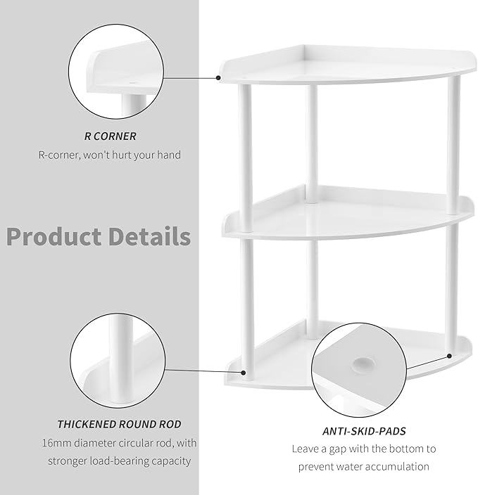3 Tier Acrylic Corner Shelf Organizer Storage 9.5x9.5x15.7 Inch, White Countertop Corner Shelf for Bathroom, Kitchen, Bedroom, Office, Study Room