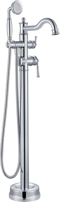 Freestanding Floor Mount Tub Filler with Handheld Shower Roman Bathtub Faucet by Chrome Finish, Swivel Spout with Brass Rough-in and Water Hose
