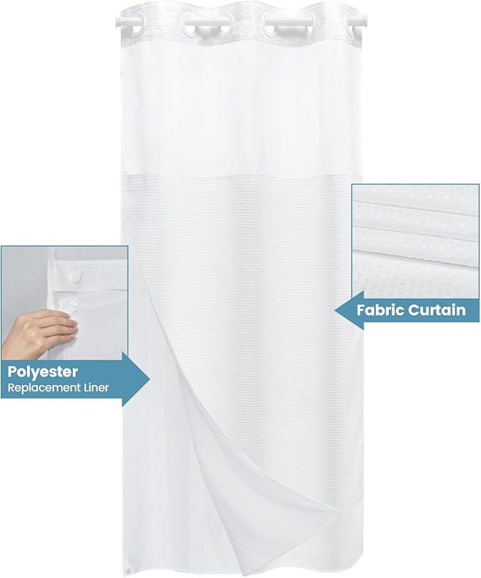 Stall No Hook Shower Curtain with Snap in Liner,230GSM Waffle Weave Shower Curtains for Bathroom,36W x 74H,White
