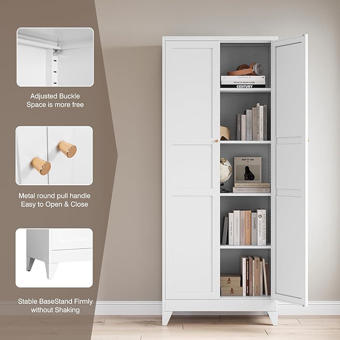 Yizosh Metal Pantry Cabinet, 75" Kitchen Pantry with 2 Door and 4 Adjustable Shelves,White Metal Pantry Storage Cabinet,Cupboard for Kitchen,Dining Room,Living Room and Bathroom