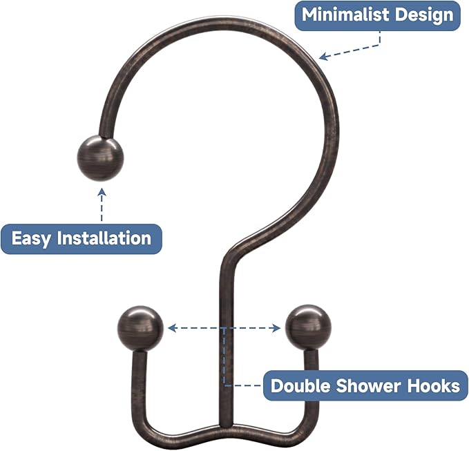 Titanker Shower Curtain Hooks Bronze, Minimalist Simple Double Glide Shower Curtain Rings, Rust Proof Metal Shower Hooks Rings for Bathroom Shower Rods Curtains, Set of 12 Hooks