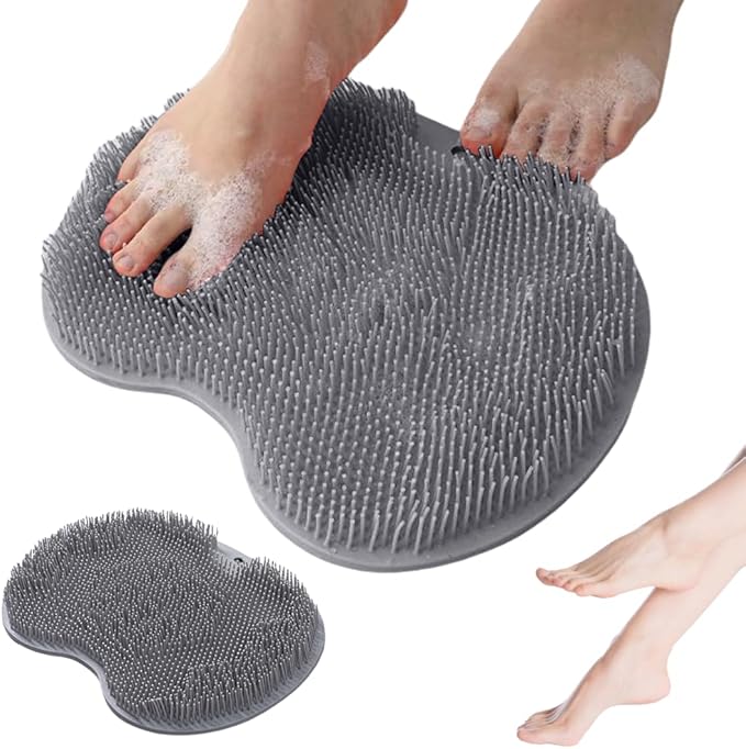 Shower Foot Scrubber Mat with Non-Slip Suction Cups, Non Slip Bathtub and Shower Mat with Suction Cups and Drain Holes, Foot Back Cleaning Pad Back Washer Exfoliating Bath Wash Pad (Grey)