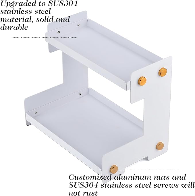 FFK 2 Tier Bathroom Countertop Organizer, SUS 304 Stainless Steel Storage Shelf for Cosmetic Organizer, Ideal for Cabinet, Countertop, Pantry, and Desktop, Office, White