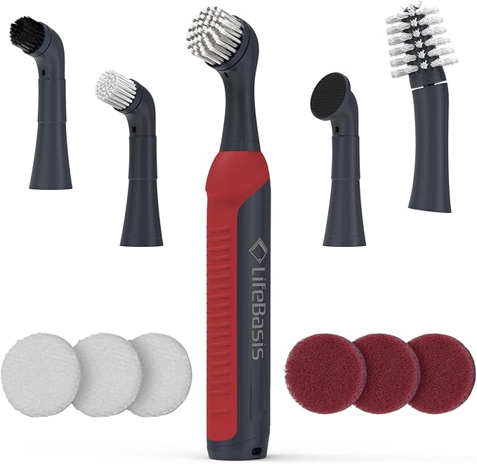 LifeBasis Rechargeable Power Scrubber 11-Piece Kit, Cordless Electric Cleaning Brush, IPX7 Waterproof Electric Grout Brush for Home, Kitchen, Bathroom, Grout, Tile, Shower, Tub, Red