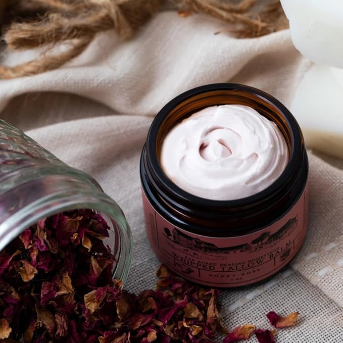 Rose-infused 100% Grass-Fed Whipped Tallow Balm-Organic Raw Manuka Honey & Organic Jojoba Oil, Rosehip Oil, Face and Body Moisturizer for Dry, Sensitive Skin, Eczema (Honey Rose)