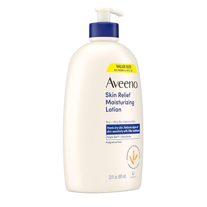 Aveeno Skin Relief Moisturizing Lotion Heals Very Dry, Sensitive Skin, Fast-Absorbing Body Lotion with Triple Oat & Shea Butter, Fragrance Free, Non-Comedogenic, Value Size, 33 fl. oz