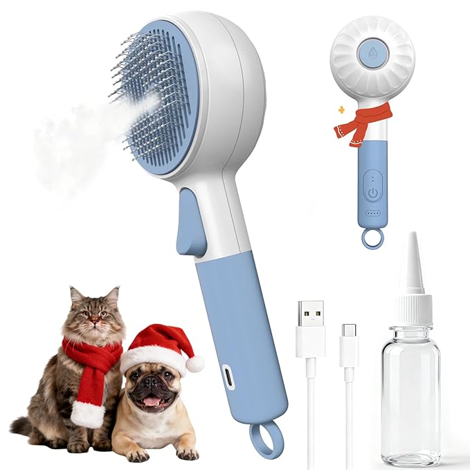 Cat Steam Brush for Shedding & Grooming - 3-in-1 Electric Spray Pet Hair Brush with Massage Function - Anti-Static Water Spray Comb for Tangled Hair, Rechargeable Grooming Tool for Cats & Dogs (Blue)
