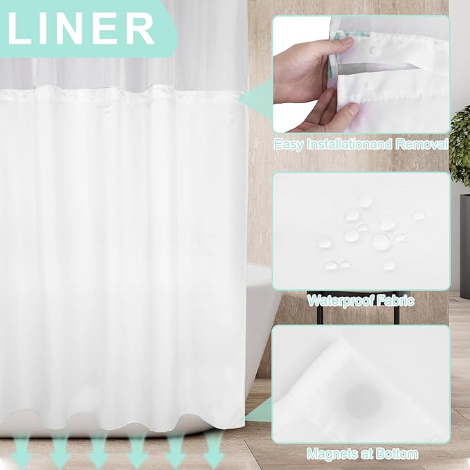 No Hook Shower Curtain Set with Snap in Fabric Liner for Bathroom,with See Through Top Window,Double Shower Curtain with Detachable Liner Replacement,Machine Washable,Floral,71x74inch