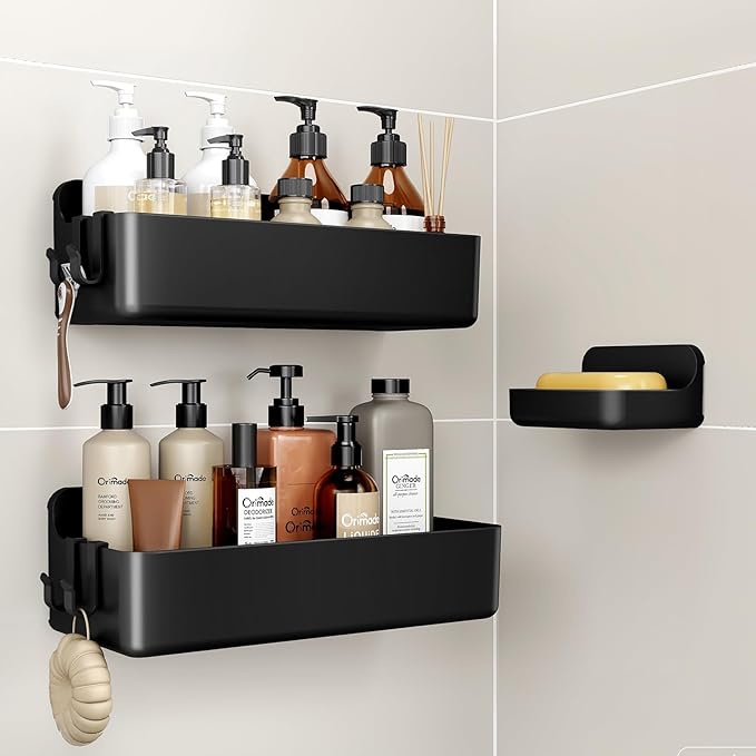 Orimade Shower Caddy 3-Pack, No-Drill Adhesive Shelves with 4 Hooks for Bathroom, Rustproof ABS Storage Organizer Set, Black