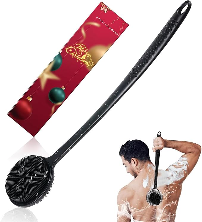 Silicone Back Scrubber for Shower, 17in Lengthen Long Handle Body Brush, Double Sided Shower Brush for Shower Exfoliating and Massage Can Produce Rich Foam, Long Handle Back Scrubber for Men