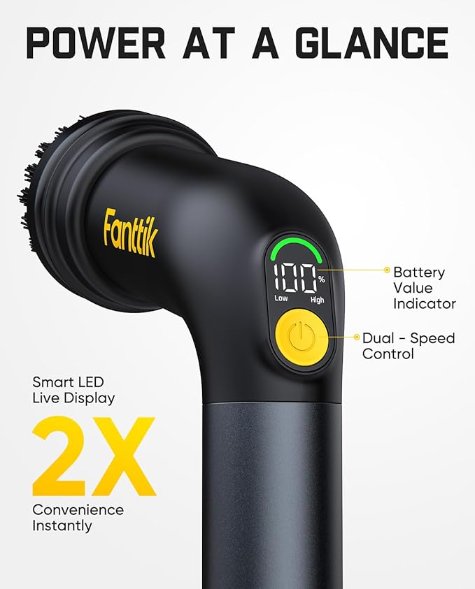 Fanttik G9 Handy Cordless Electric Spin Scrubber, MagnaStorm Motor, Dual-Speed, 5 Brush Heads, LED Display, IPX7 Waterproof, 2500mAh with Type-C Charging, for Kitchen, Sink, Tile, Stove
