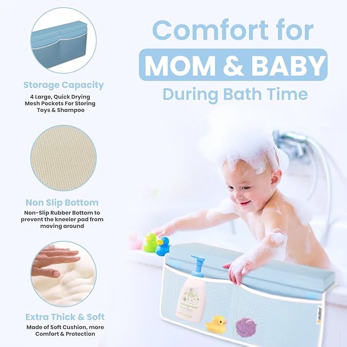 Bath Kneeler and Elbow Rest Pad Set, Premium Gift for Expecting Moms, Non-Slip Thick Kneeling Pad, Knee Saver with Toy Organizer (Large, Blue)
