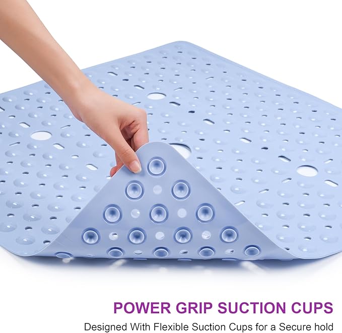 Reetual XL Shower Mat Non Slip - 27x27 Bath Mat for Shower Stall or Large Bathtub Mat with 240 Powerful Suction Cups and Drain Holes. Black Shower Mats for Bathroom (Blue Aqua)