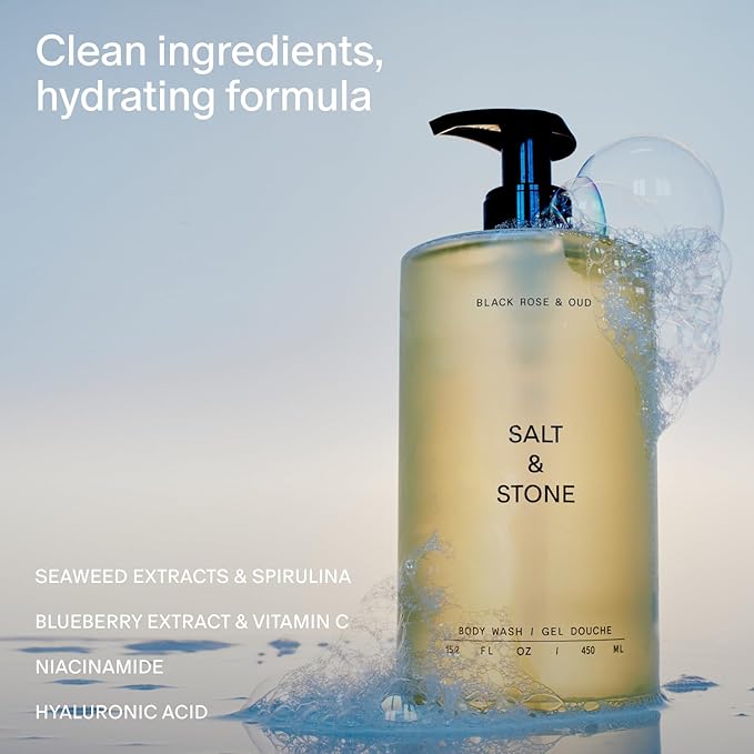 Salt & Stone Body Wash for Women & Men | Black Rose & Oud | Hydrating Gel Cleanser | Clean & Soften Skin | Made with Niacinamide & Hyaluronic Acid | Free From Parabens Sulfates & Phthalates 15.2 fl oz