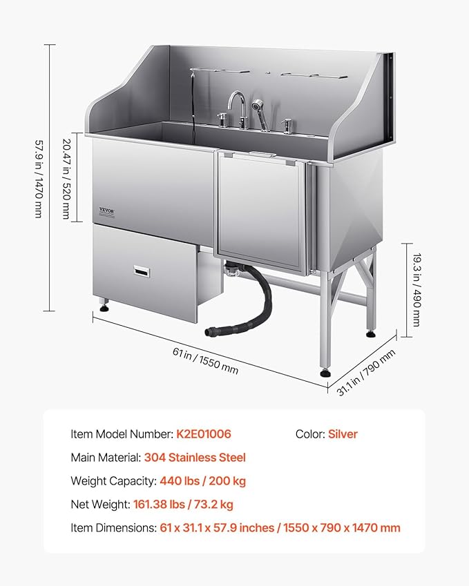 VEVOR Professional 304 Stainless Steel Dog Bathing Station, 61 inch Pet Grooming Tub w/Anti-Slip ramp, Storage Drawer, Cold Hot Faucet Showerhead for Large & Medium & Small (Right Door, with Drawer)