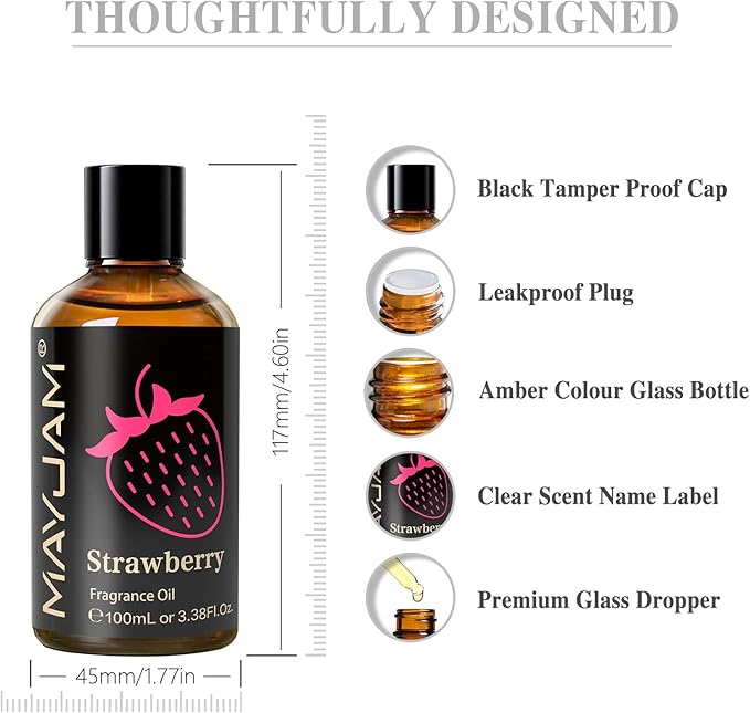 MAYJAM 100ML/3.38FL.OZ Strawberry Fragrance Oils with Glass Dropper, Essential Oils for Diffusers for Home, Long Lasting Scented Oils for Diffusers Soap Candle Making