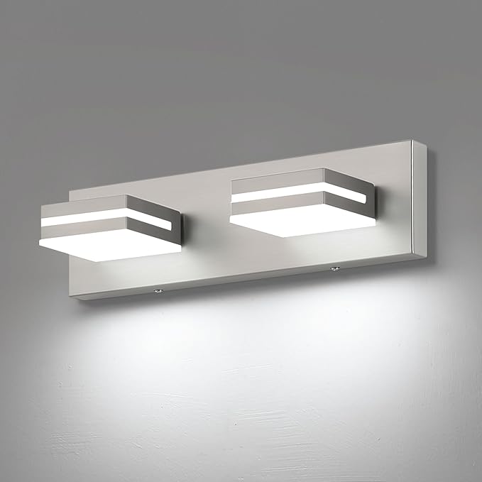 SineRise LED Modern Bathroom Vanity Light Fixtures (2-Light, 15.5-Inch), Brushed Nickel Modern Acrylic Bathroom Wall Lighting Fixtures Over Mirror (Cool White 6000K)