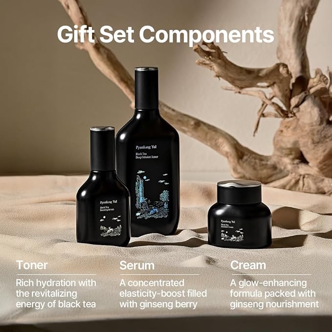 [PKY] Pyunkang Yul Black Tea Line Gift Box Set, Deep Nurishment for Anti-aging, Rich Moisture Toner, Revitalizing Serum & Condensed Nourishing Cream, Zero-Irritation, Korean Skincare (3-item set)
