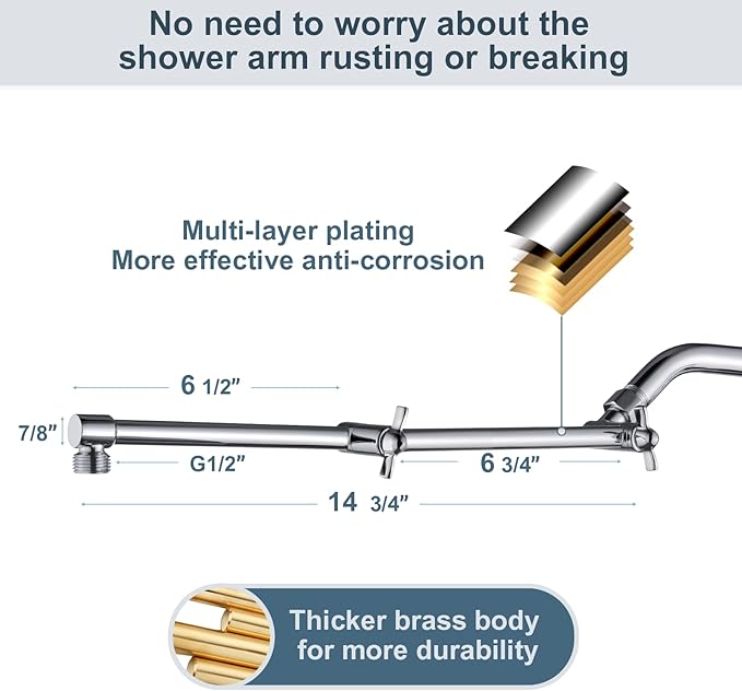 BRIGHT SHOWERS Brass Shower Arm Extender for Rain and Handheld Shower Head, 14 Inch Universal Shower Head Extension Arm, Adjustable Height & Angle, Chrome