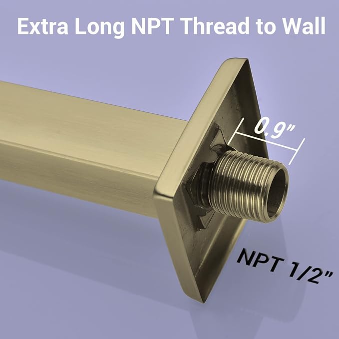 Square Shower Arm with Flange in Brushed Brass 16 Inch Wall Mounted Rainfall Shower Head Extension Arm, Stainless Steel, Brushed Gold