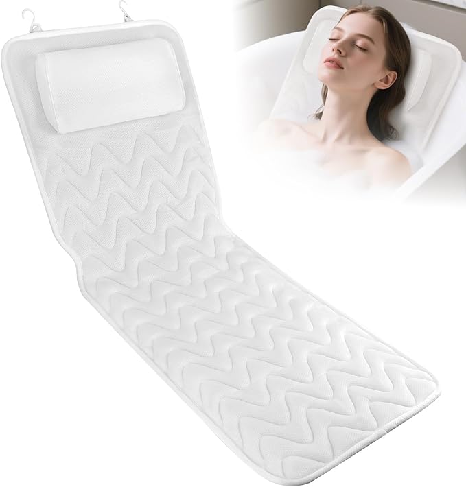 Full Body Bath Pillow for Tub, Soft Bathtub Pillow for Neck and Back Support, Washable 4D Mesh Bathtub Cushion with 11 Non-Slip Suction Cups, White