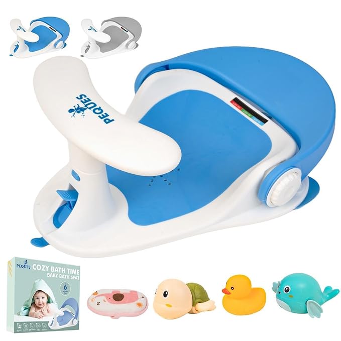 Baby Bath Seat for Babies 6 Months & Up Sitting Up | Non-Slip Bath Seat with Safety Suction Cups & Temperature Alert, Baby Bath Seat for Tub, Shower & Bathtub (Blue)