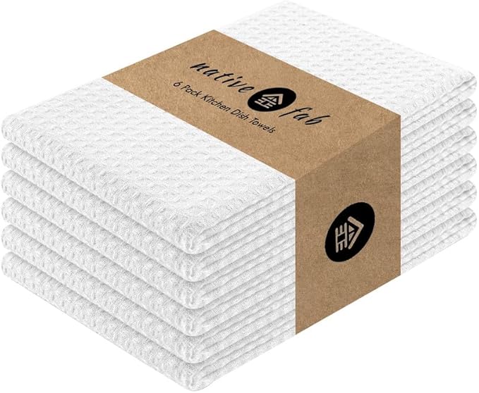 Native Fab Cotton Kitchen Towel with Hanging Loop 16x26 inches, 6-Pack, Waffle Weave Kitchen Towels for Cleaning Drying, Washcloths Soft & Absorbent Cloth Rags, Bar Towel, Dish Cloth, White