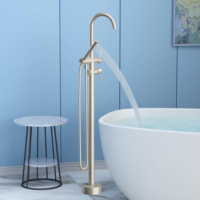 Freestanding Bathtub Faucet,Tub Filler Floor Mount Stand Bathtub Faucet Brass Bathroom Tub Faucets with 2 Function Hand Shower Wand Swivel Brushed Nickel