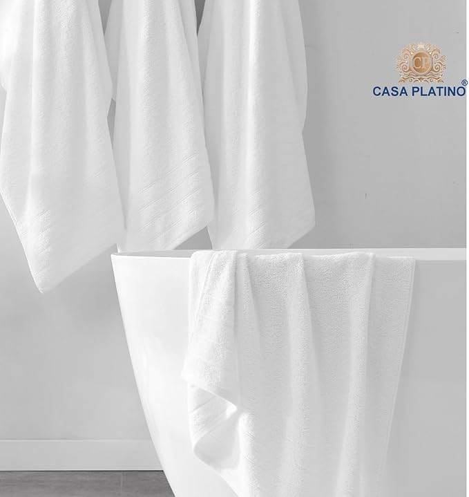 Casa Platino 100% Cotton Luxury Bathroom Towel Set - 18 Pcs - Super Soft, Fluffy & Highly Absorbent - 6 Large Bath Towels, 6 Washcloths, 6 Hand Towels - Complete Family Pack - White Bath Towel Set