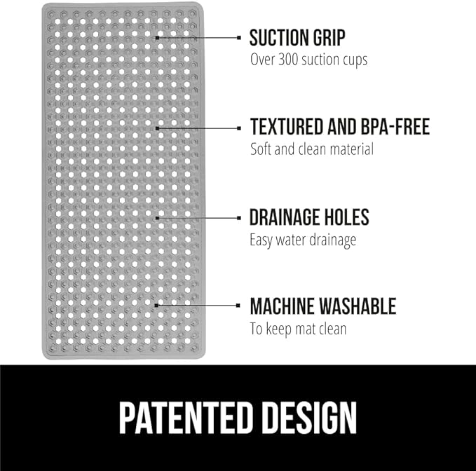 GORILLA GRIP Patented Bath Tub Shower Mat, Machine Washable Bathtub Floor Liner Mats, Suction Cups and Drain Holes to Keep Tubs Clean, Soft on Feet, Bathroom Essentials, 35x16 Inch, Gray Opaque
