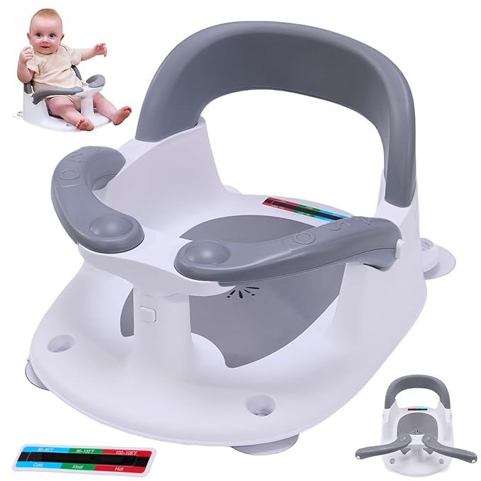 Baby Bath Seat for Babies 6 Months & Up Sitting Up,Infant Bath Seat with Temperature Alert+Open Backrest+on/Off Armrest,Toddler Bath seat Baby Bath Chair for Bathtub,Tub,Sink Grey