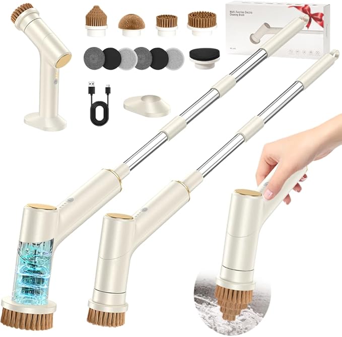 Electric Spin Scrubber, 2600mAh Battery with Extra-Long Runtime, 10 Brush Heads, IPX7 Waterproof Power Shower Scrubber with Long Handle, 2 Speeds Cordless Cleaning Brush for Bathroom Bathtub