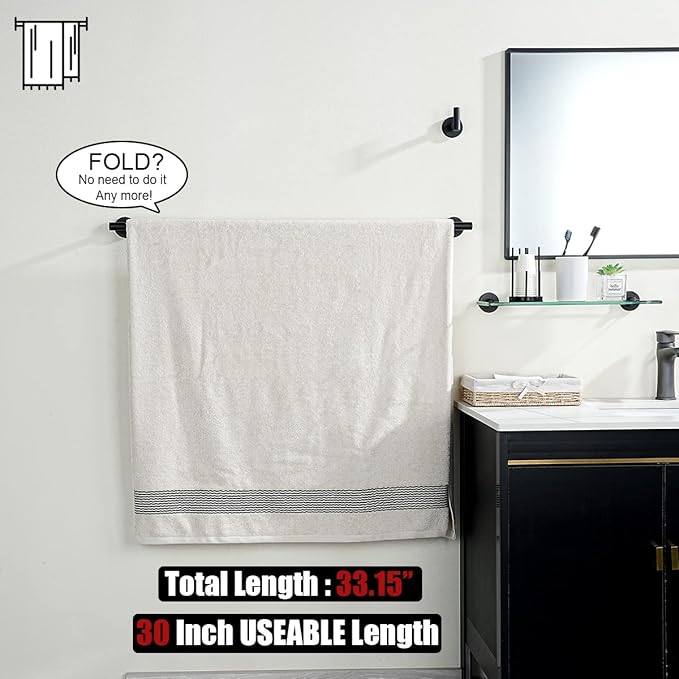 JQK Black Bath Towel Bar, 33 Inch 304 Stainless Steel Thicken 0.8mm Towel Rack Bathroom, Towel Holder Matte Black Wall Mount, Useable Length 30 Inch, TB110L30-PB