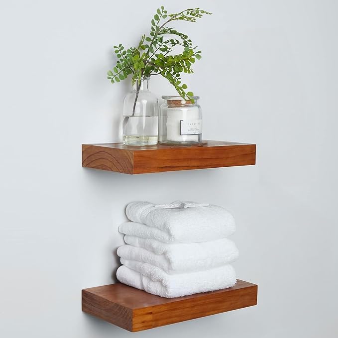 Homeforia 12 inch Oak Floating Shelf, High End Solid Real Wood 12inch Small Floating Shelves for Wall Mounted, Honey Oak Wooden 12in Floating Shelves, Heavy Duty Bracket, 12 X 6.5 X 1.75 in, Set of 4
