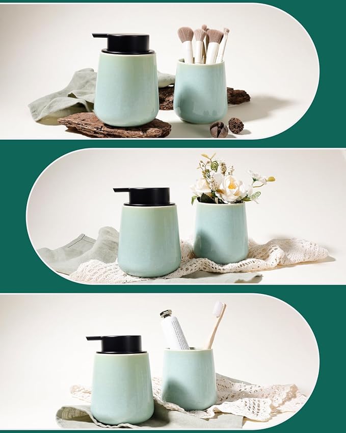 BosilunLife Hand Soap Dispenser - Ceramic Dish Soap Dispenser for Bathroom 12ounce Refillable Liquid Hand Wash Dispenser for Essential Oil, Lotion Soap, Light Green