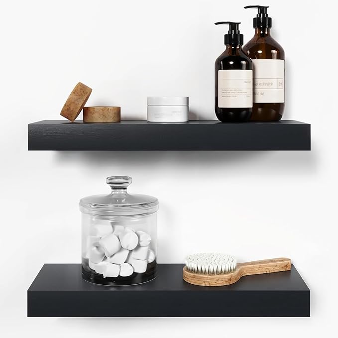 Homeforia Black Floating Shelf 18 inch, High End Solid Real Wood 18inch Bathroom Floating Shelves for Wall Mounted, Black Wooden 18in Floating Shelves, Heavy Duty Bracket, 18 X 6.5 X 1.75 in, Set of 2