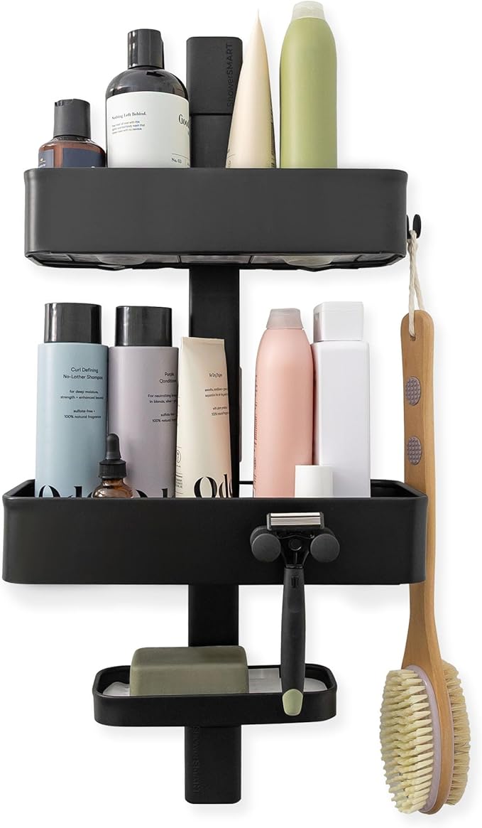 Rust Resistant Hygienic Shower Caddy – Hanging Bathroom Organizer with Adjustable Shelves, Easy Clean Trays & Magnetic Hooks for DIY Remodels & Shower Niches - Black