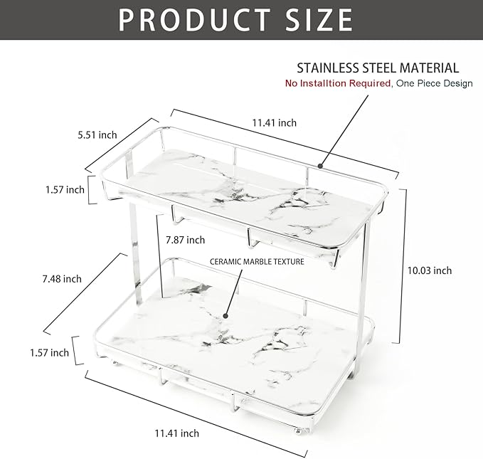 Bathroom Organizer Countertop Perfume Organizer Makeup Organizer Cosmetics Storage Display Rack Vanity Tray Dresser Stainless Steel Gold Shelf White Marble Ceramic Tray (2 Tier L-Sliver)