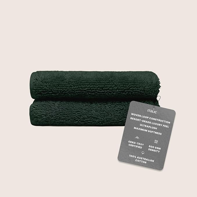 Italic Ultraplush 100% Australian Cotton Washcloths - Set of 2 Luxury Plush Face Wash Cloths, Soft and Absorbent 800 GSM for Bathroom, Spa, Gym, Face and Body (Deep Forest)