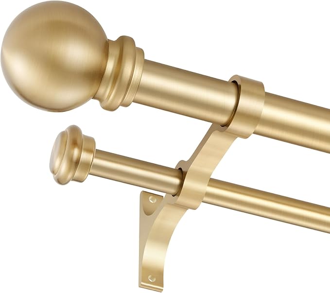 Double Curtain Rod, Adjustable 1 inch Double Drapery Rod Rods for Windows 28 to 48 inch,Ball Round Finials with Brackets Set (28-48",Gold)