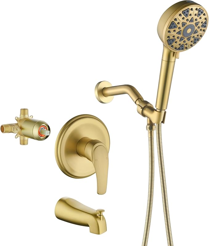 Brushed Gold Shower Faucet Set with Tub Spout Tub and Shower Faucet Set Complete with Handheld Shower Head Shower Combo Set Shower System with Tub Spout Tub and Shower Trim Kit