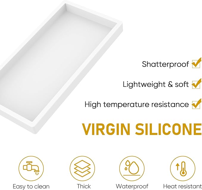 EG-SIPRO Silicone Bathroom Tray, Thickened Shatterproof Rectangle Vanity Tray for Counter, Soap Dispenser Tray - Small 7.8 * 3.9 in - White Marble Pattern