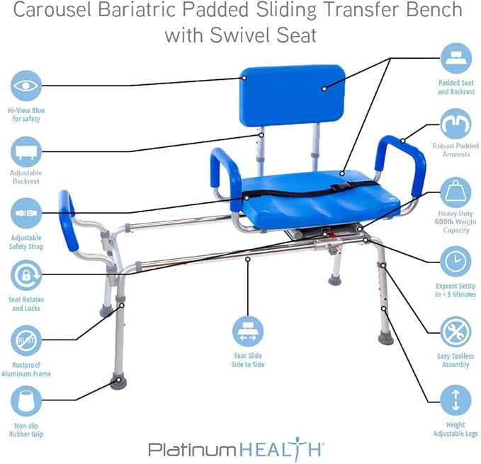 Carousel Sliding Shower Chair Tub Transfer Bench with Swivel Seat, Bariatric, Premium Padded with Pivoting Arms, High Capacity, Heavy Duty for Tubs, Inside Shower, for Handicap & Seniors, Blue