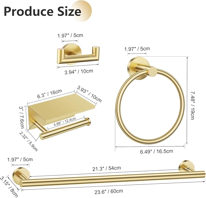 TNOMS 5-Piece Towel Bar Set Brushed Gold Bathroom Hardware Accessories Set Include 23.6in Towel Bar Toilet Paper Holder Towel Ring Towel Hooks Stainless Steel Towel Holder Set Wall Mounted