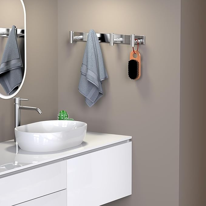HUFEEOH 2 Pack Coat Rack Wall Mount, Stainless Steel T Shaped 4 Hooks Coat Hooks for Bathroom, Heavy Duty Wall Hooks Towel Hooks for Hanging, Silver Towel Rack Purse Hanger for Mudroom Entryway
