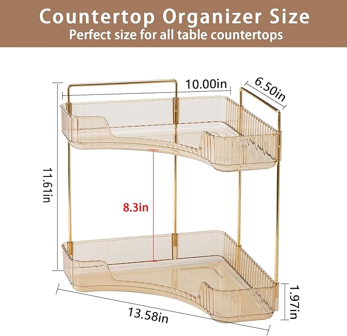 2-Tier Corner Bathroom Counter Organizer – Classic Storage Shelf for Makeup, Perfume & Toiletries, Space-Saving Countertop Tray Fits Bathroom, Dresser, Kitchen (Vintage Gold)