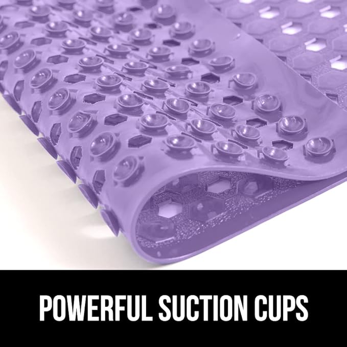 GORILLA GRIP Patented Bath Tub Shower Mat, Machine Washable Bathtub Floor Liner Mats, Suction Cups and Drain Holes to Keep Tubs Clean, Soft on Feet, Bathroom Essentials, 35x16 Inch, Purple Opaque