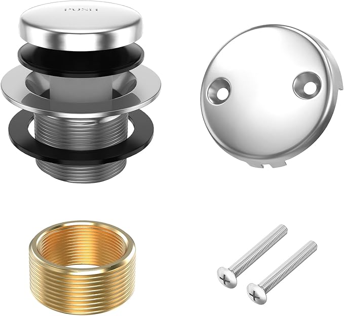 All Metal Tip-Toe Bathtub Drain Kit with Two-Hole Overflow Faceplate and Universal Fine/Coarse Thread Assembly, Bath Tub Drain Kit fits All Bathtub -Chrome Plated