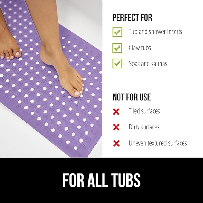 GORILLA GRIP Patented Bath Tub Shower Mat, Machine Washable Bathtub Floor Liner Mats, Suction Cups and Drain Holes to Keep Tubs Clean, Soft on Feet, Bathroom Essentials, 35x16 Inch, Purple Opaque